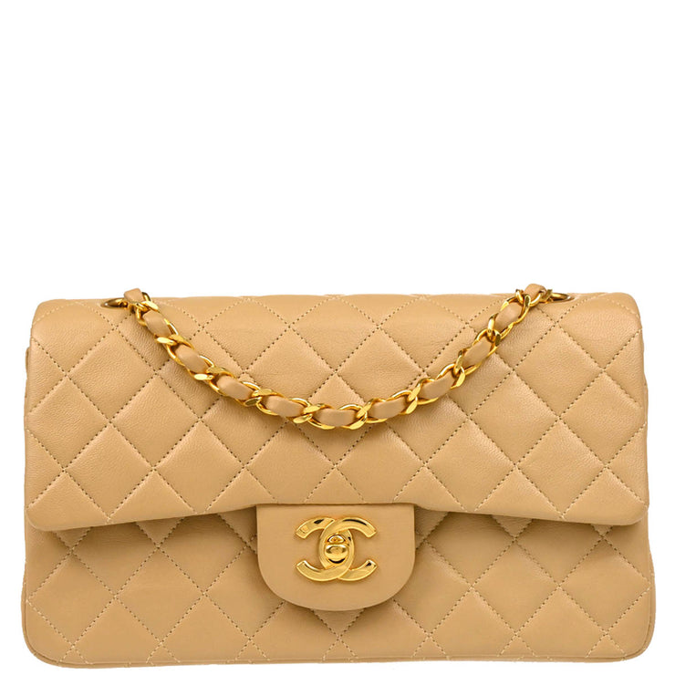 Chanel 1989-1991 Beige Lambskin Small Classic Double Flap Shoulder Bag