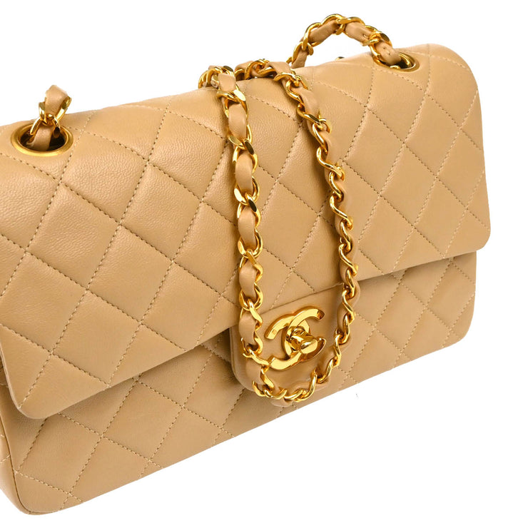 Chanel 1989-1991 Beige Lambskin Small Classic Double Flap Shoulder Bag