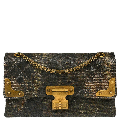 Chanel 2009-2010 Black Lacquer Tweed Mademoiselle Lock Double Flap Shoulder Bag