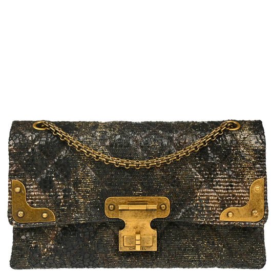 Chanel 2009-2010 Black Lacquer Tweed Mademoiselle Lock Double Flap Shoulder Bag