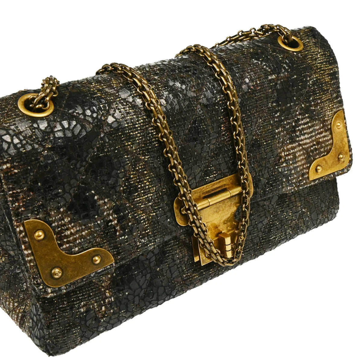 Chanel 2009-2010 Black Lacquer Tweed Mademoiselle Lock Double Flap Shoulder Bag