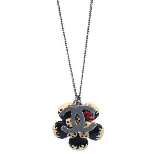 Chanel CC Flower Ladybug Chain Necklace Pendant Silver Black 06P
