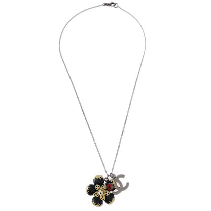 Chanel CC Flower Ladybug Chain Necklace Pendant Silver Black 06P