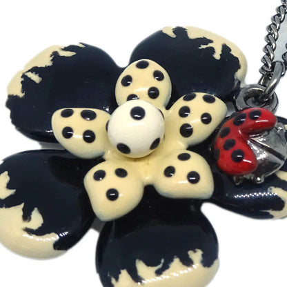 Chanel CC Flower Ladybug Chain Necklace Pendant Silver Black 06P