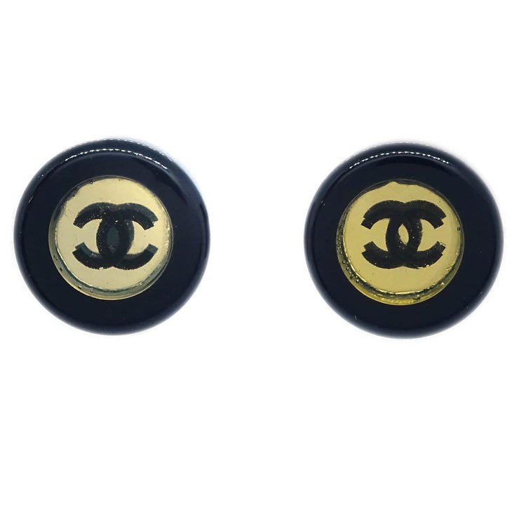 Chanel Button Piercing Earrings Black Silver 01P