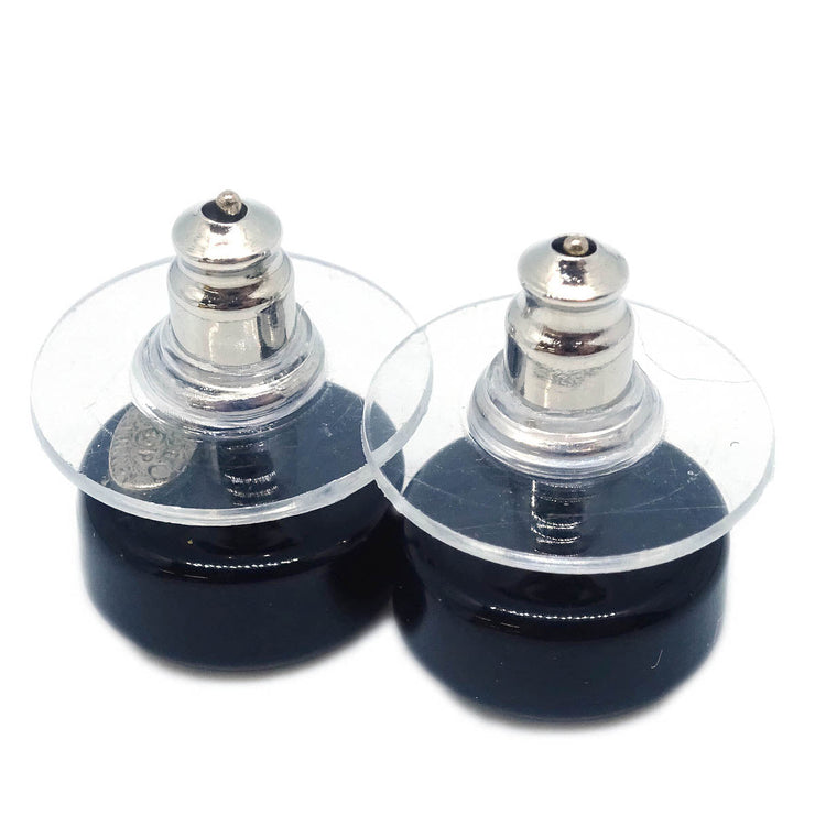 Chanel Button Piercing Earrings Black Silver 01P