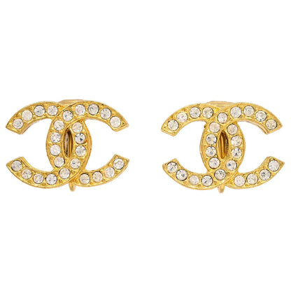 Chanel Gold CC Earrings Clip-On Rhinestone 2084