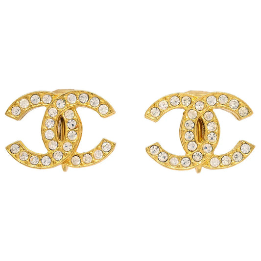 Chanel Gold CC Earrings Clip-On Rhinestone 2084