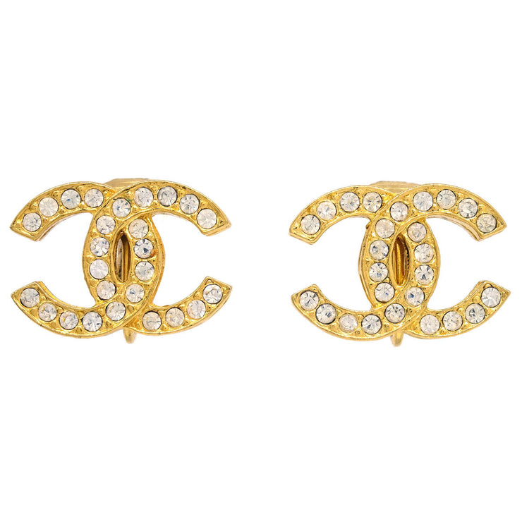 Chanel Gold CC Earrings Clip-On Rhinestone 2084