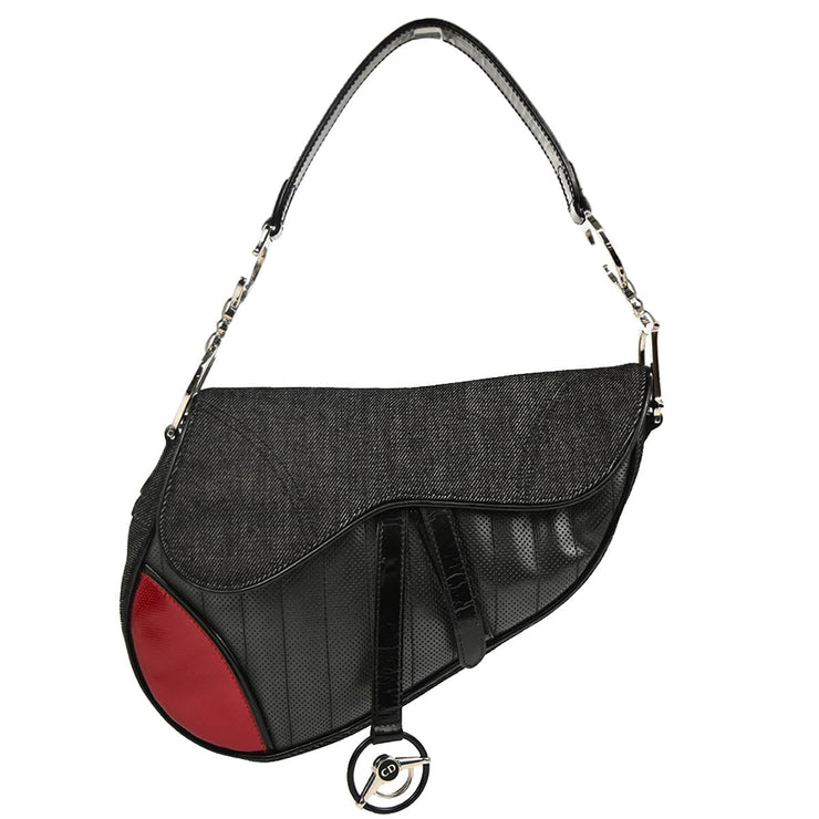 Christian Dior 2001 Black Red Canvas Leather Cadillac Saddle Handbag