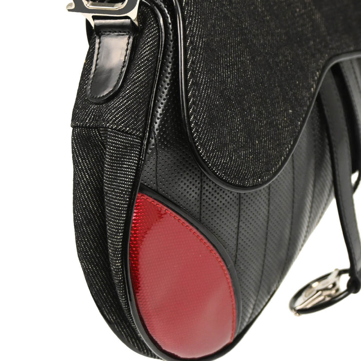 Christian Dior 2001 Black Red Canvas Leather Cadillac Saddle Handbag