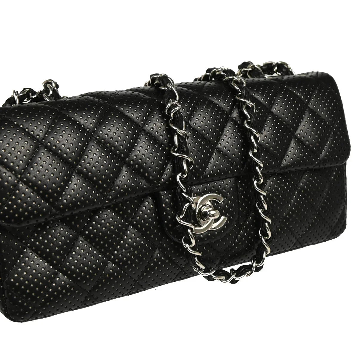 Chanel 2006-2008 Black Perforated Lambskin East West Shoulder Bag