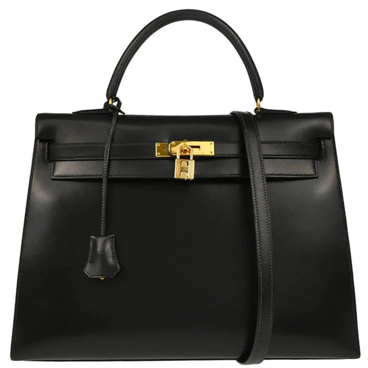 Hermes 1993 Black Box Calf Kelly 35 Sellier 2way Shoulder Handbag
