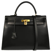 Hermes 1993 Black Box Calf Kelly 35 Sellier 2way Shoulder Handbag