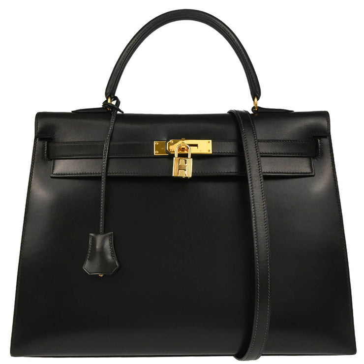 Hermes 1993 Black Box Calf Kelly 35 Sellier 2way Shoulder Handbag