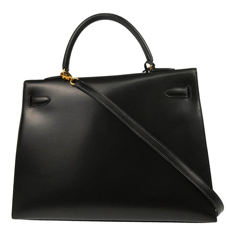 Hermes 1993 Black Box Calf Kelly 35 Sellier 2way Shoulder Handbag