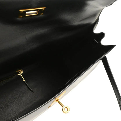Hermes 1993 Black Box Calf Kelly 35 Sellier 2way Shoulder Handbag
