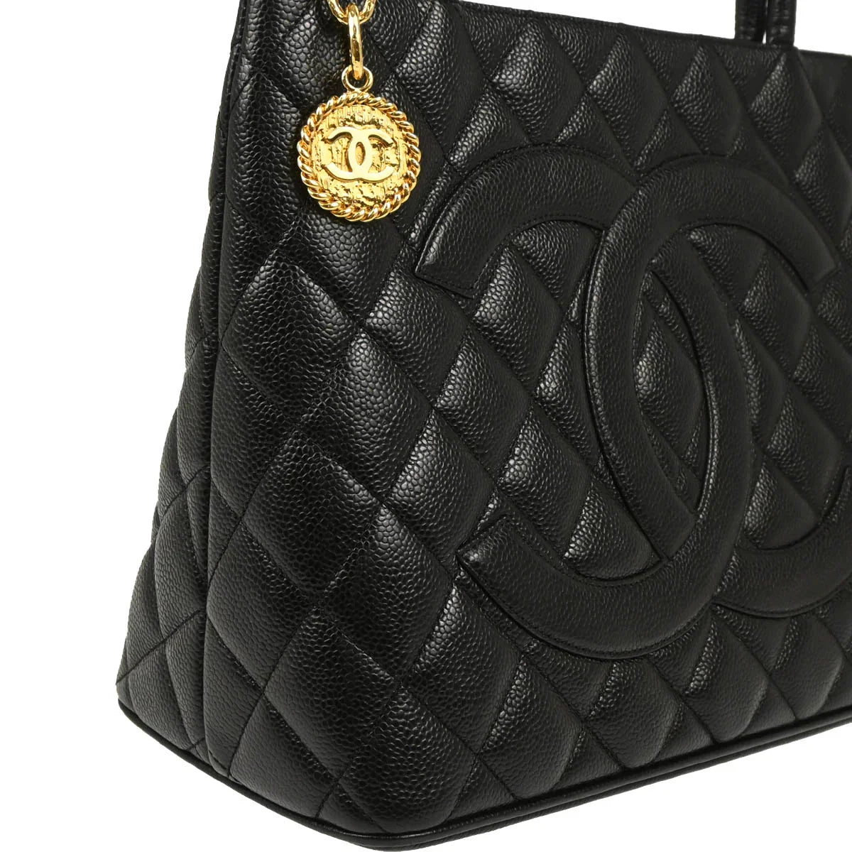 Chanel 2003-2004 Black Caviar Medallion Tote Handbag