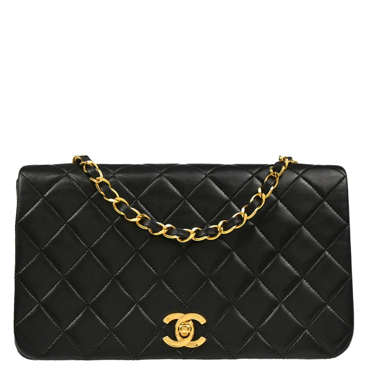 Chanel 1989-1991 Black Lambskin Turnlock Small Full Flap Shoulder Bag