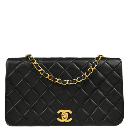 Chanel 1989-1991 Black Lambskin Turnlock Small Full Flap Shoulder Bag