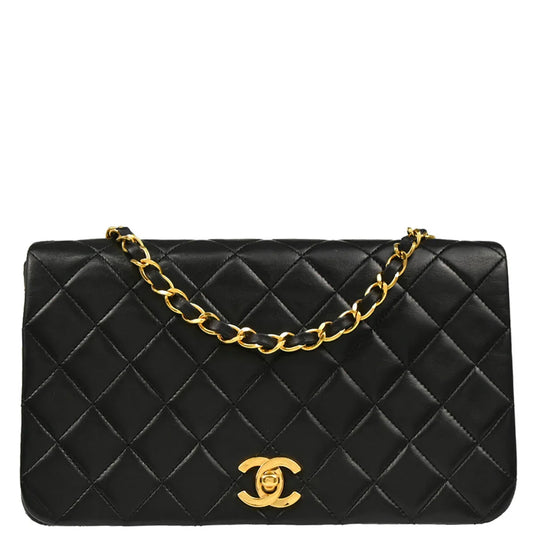 Chanel 1989-1991 Black Lambskin Turnlock Small Full Flap Shoulder Bag