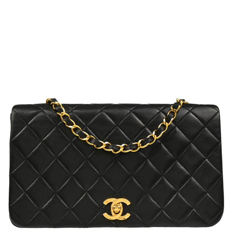 Chanel 1989-1991 Black Lambskin Turnlock Small Full Flap Shoulder Bag