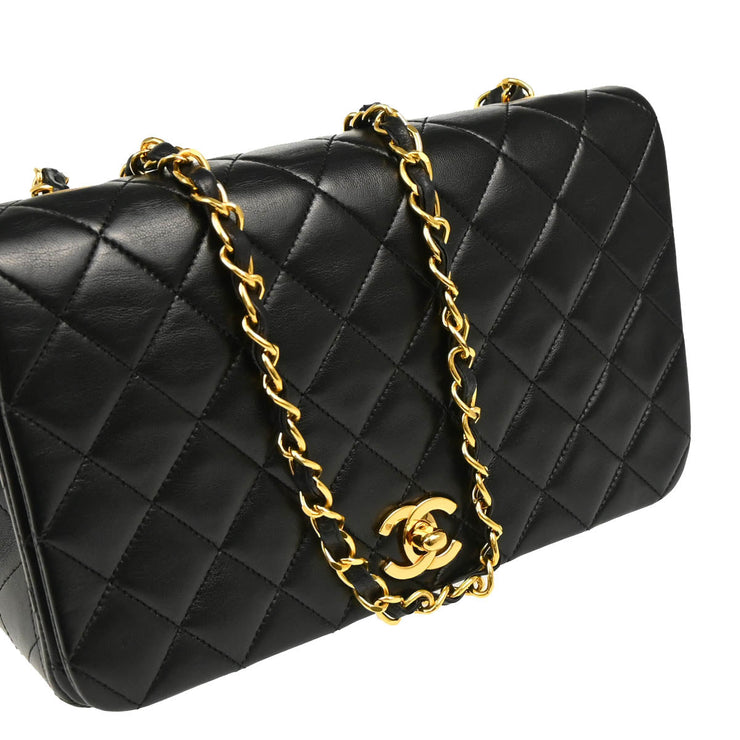 Chanel 1989-1991 Black Lambskin Turnlock Small Full Flap Shoulder Bag