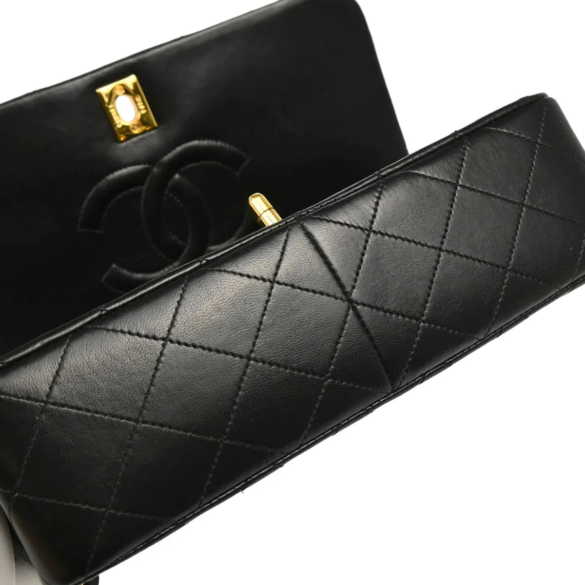 Chanel 1989-1991 Black Lambskin Turnlock Small Full Flap Shoulder Bag
