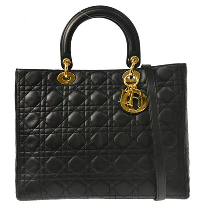 Christian Dior 2001 Black Lambskin Large Lady Dior Cannage 2way Shoulder Handbag