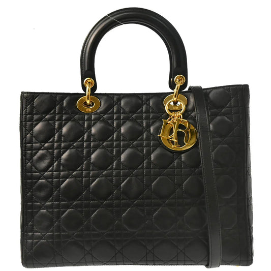 Christian Dior 2001 Black Lambskin Large Lady Dior Cannage 2way Shoulder Handbag