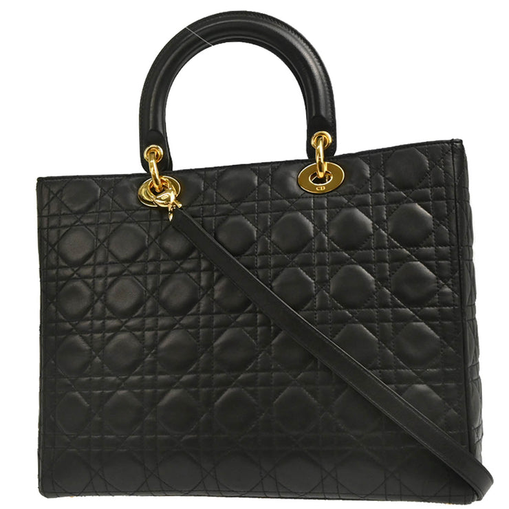 Christian Dior 2001 Black Lambskin Large Lady Dior Cannage 2way Shoulder Handbag