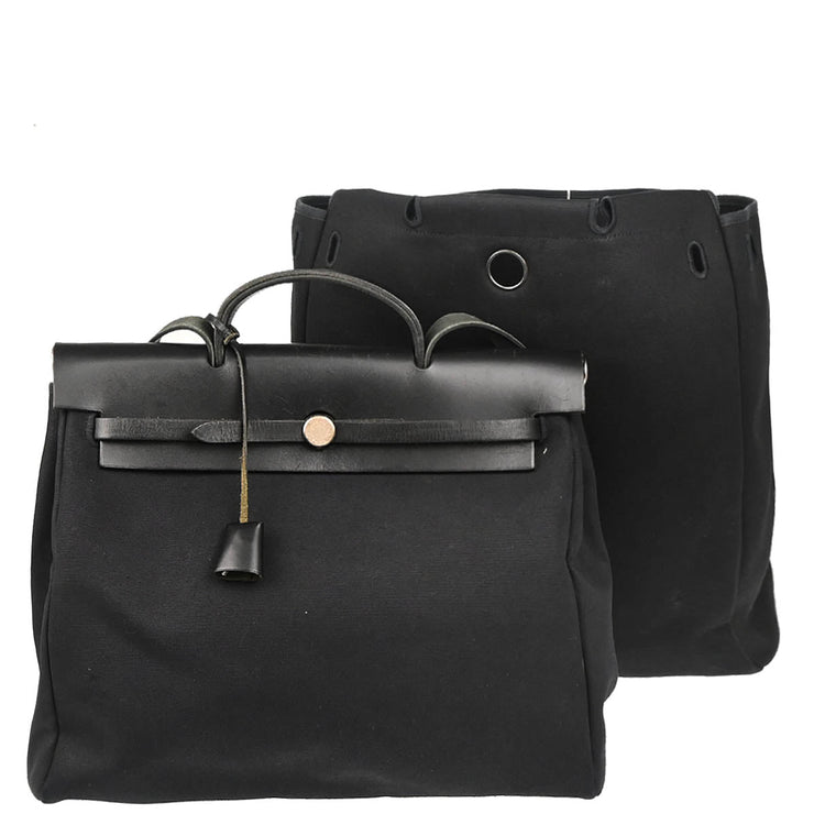 Hermes 2000 Black Toile Officier Herbag MM 2 in 1 2way Shoulder Handbag