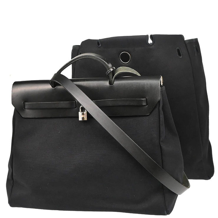 Hermes 2000 Black Toile Officier Herbag MM 2 in 1 2way Shoulder Handbag