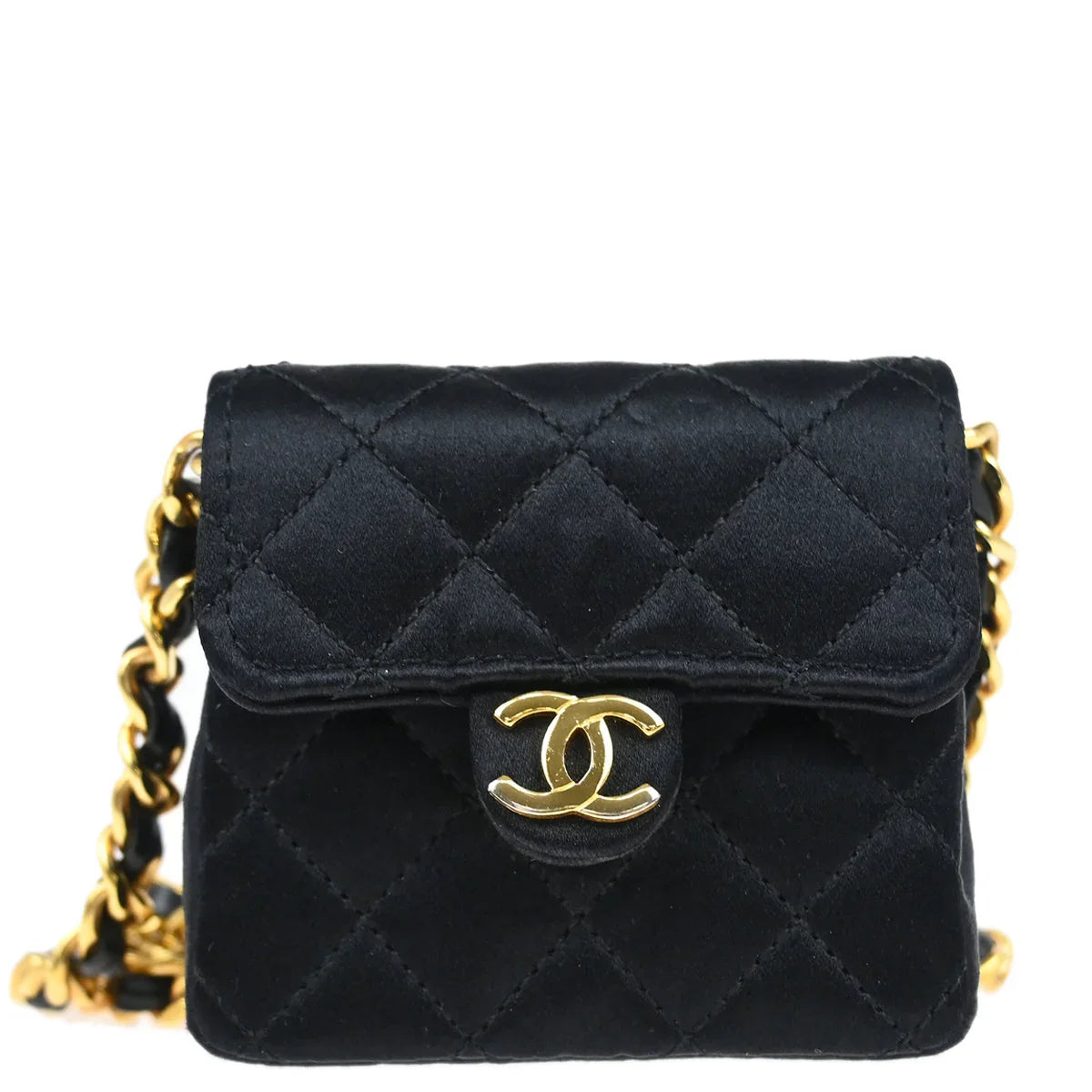 Chanel 1989-1991 Black Satin Classic Flap Micro Chain Crossbody Bag Pouch