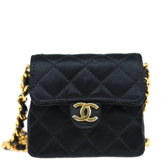 Chanel 1989-1991 Black Satin Classic Flap Micro Chain Crossbody Bag Pouch