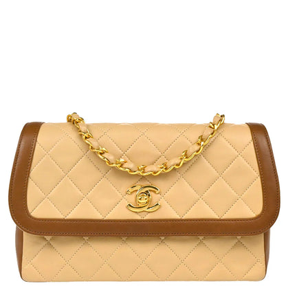 Chanel 1989-1991 Beige Brown Lambskin Shoulder Bag