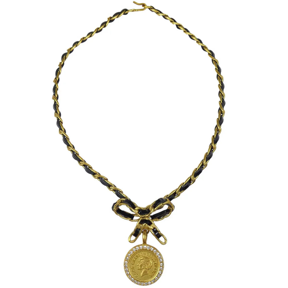 Chanel Gold Black Bow Medallion Rhinestone Choker Necklace 95P