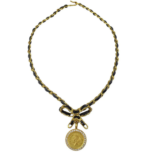 Chanel Gold Black Bow Medallion Rhinestone Choker Necklace 95P