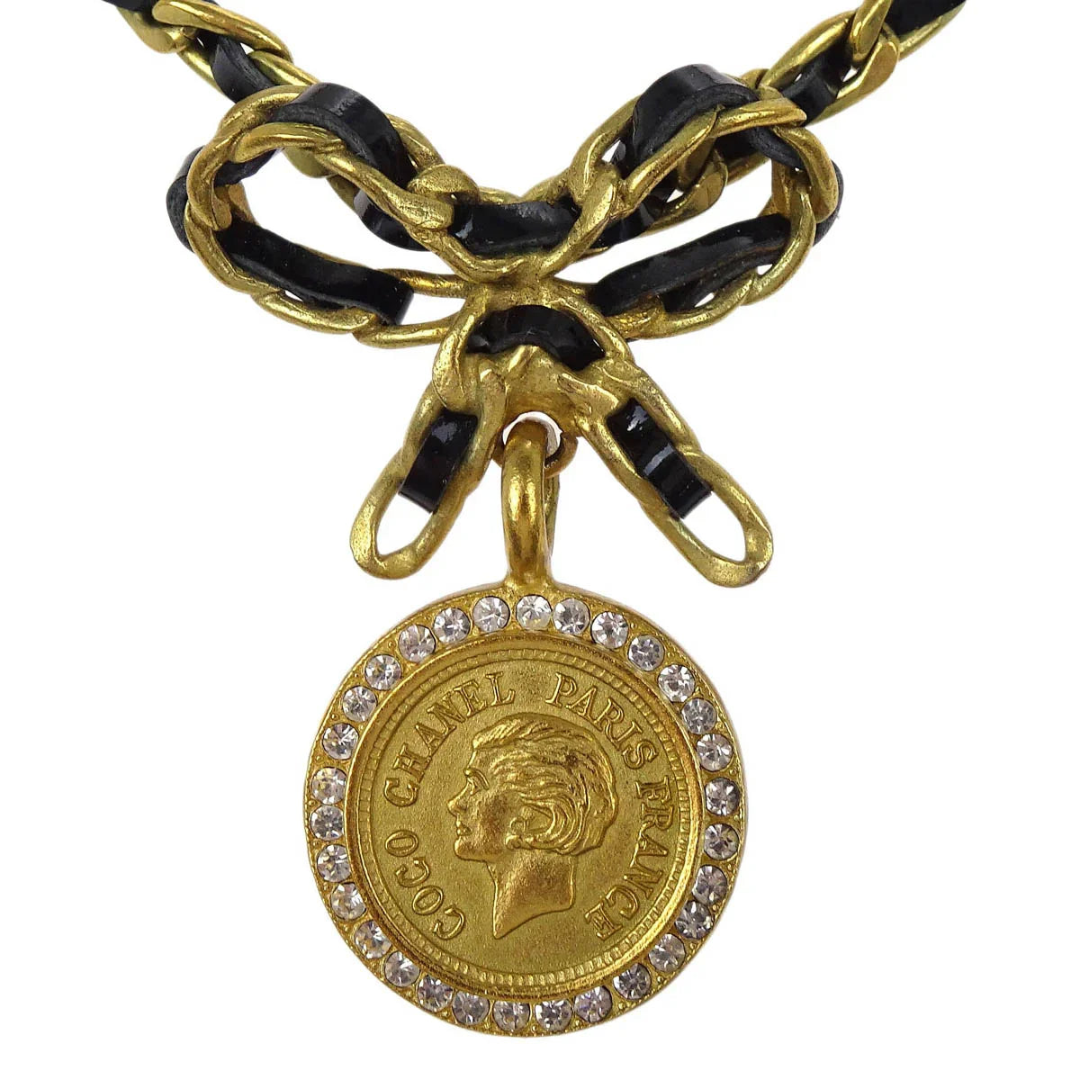 Chanel Gold Black Bow Medallion Rhinestone Choker Necklace 95P