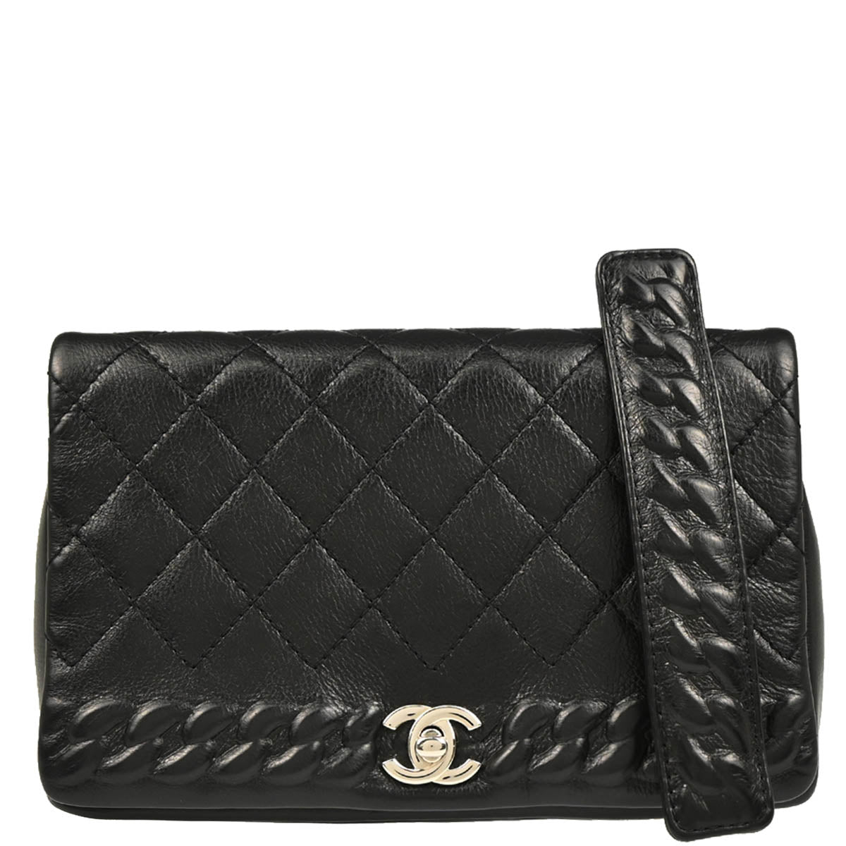 Chanel 2018 Black Embossed Calfskin Turnlock Small Full Flap Shoulder Bag