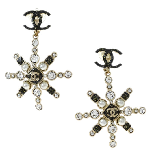 Chanel Snowflake Dangle Earrings Clip-On Gold Rhinestone B19B
