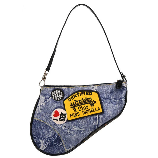 Christian Dior 2001 Blue Denim Print Saddle Handbag