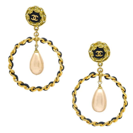 Chanel Dangle Hoop Earrings Gold Costume Pearl Clip-On 95P