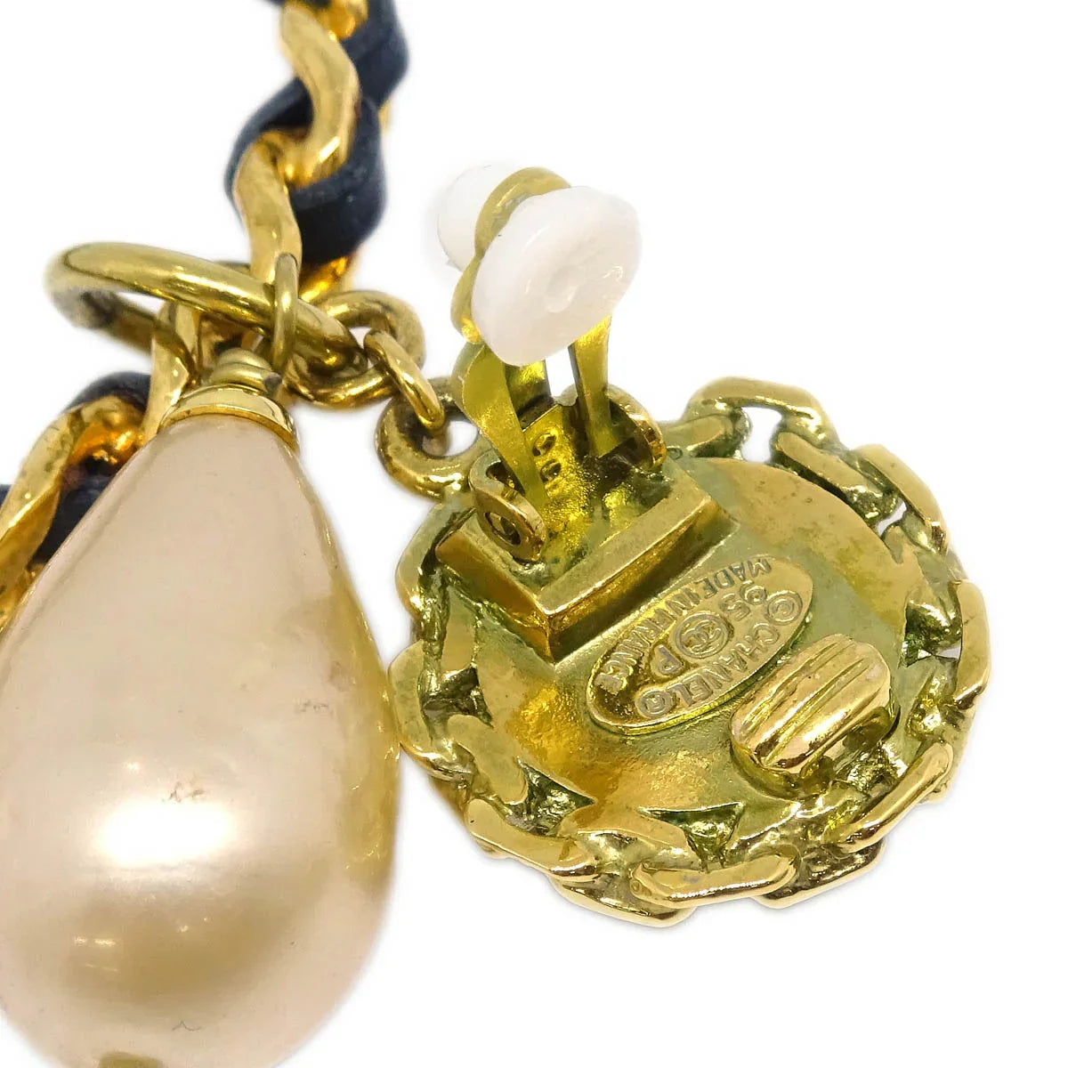Chanel Dangle Hoop Earrings Gold Costume Pearl Clip-On 95P