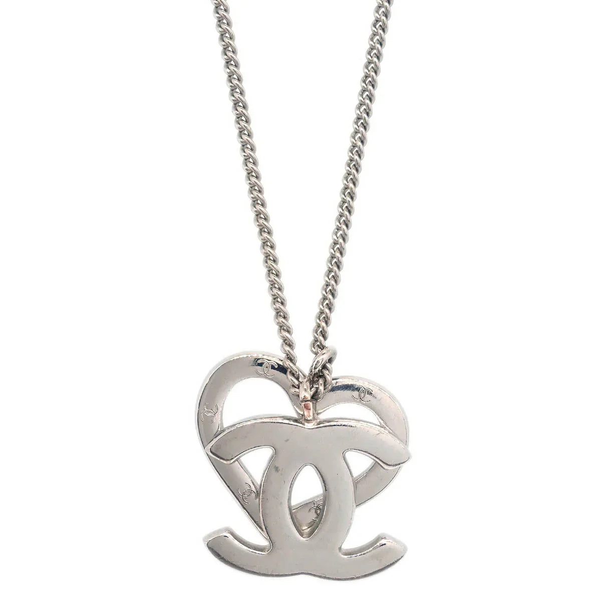Chanel CC Heart Chain Necklace Silver 04P