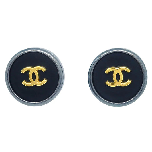 Chanel Button Earrings Clip-On Black 96P