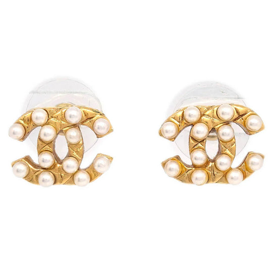 Chanel Piercing Earrings Gold CC Costume Pearl 03A