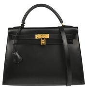 Hermes 1999 Black Box Calf Kelly 32 Sellier Handbag