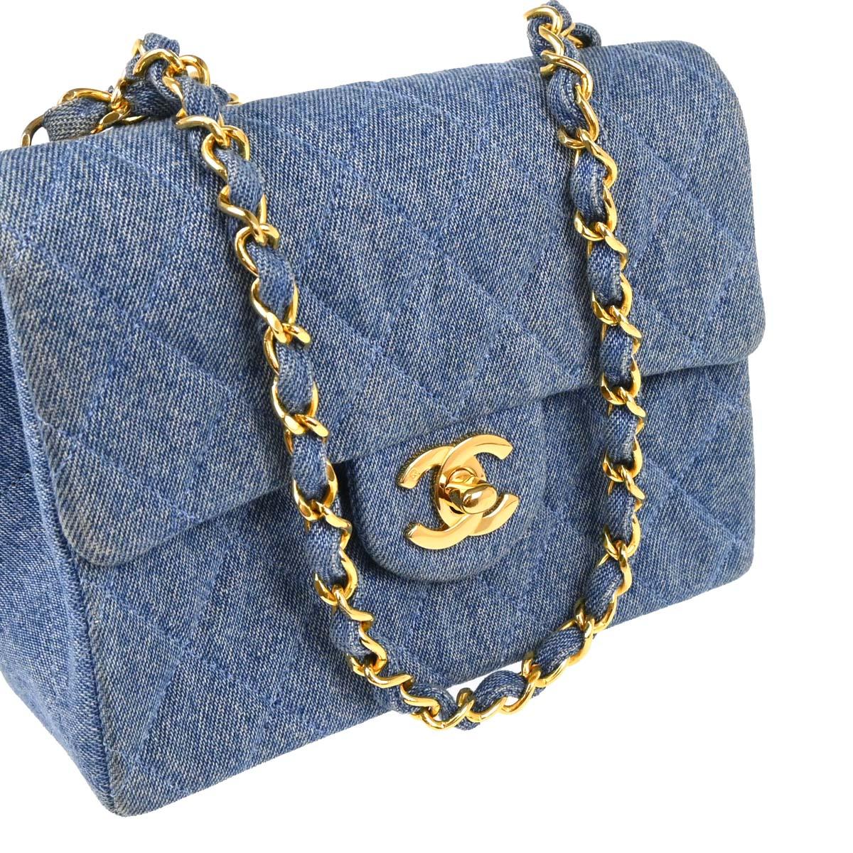 Chanel 1989-1991 Blue Denim Mini Classic Square Flap Shoulder Bag