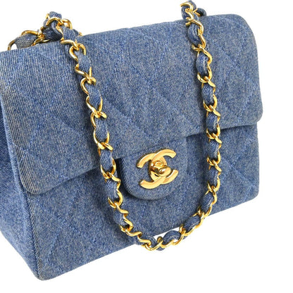 Chanel 1989-1991 Blue Denim Mini Classic Square Flap Shoulder Bag
